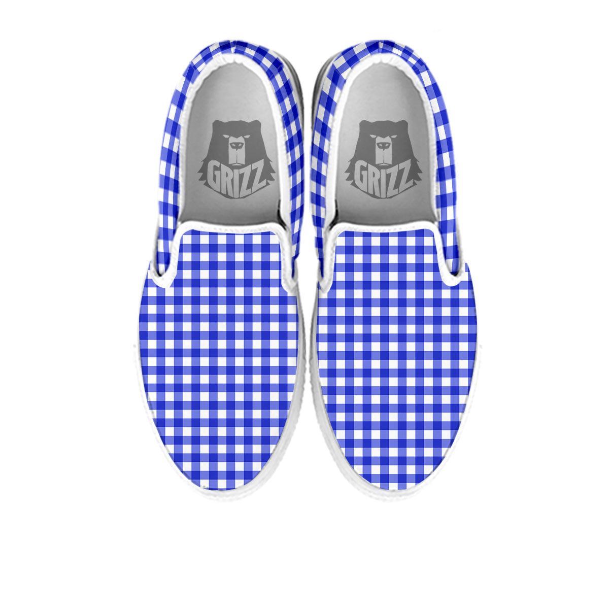 White And Blue Check Print Pattern White Slip On Shoes-grizzshop
