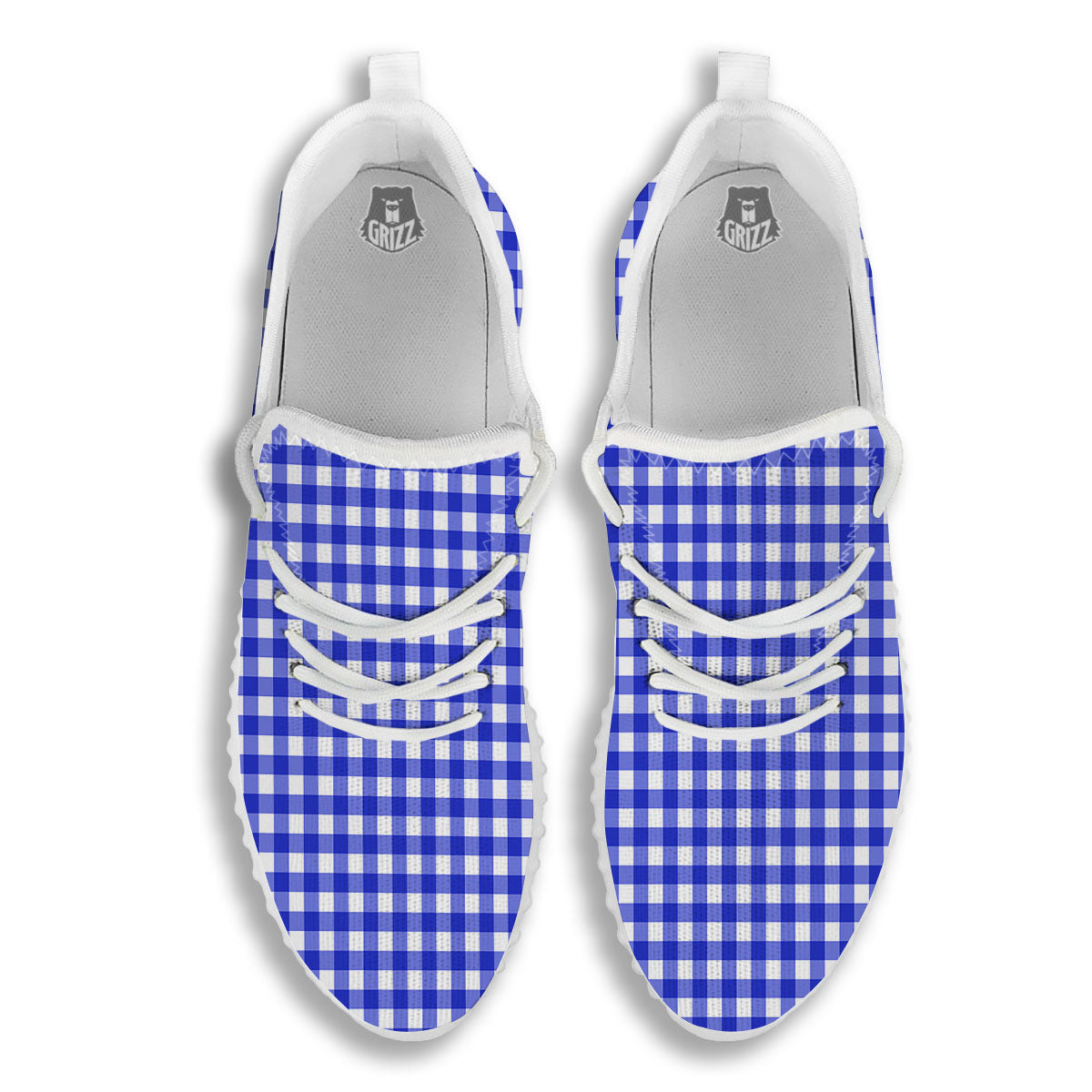 White And Blue Check Print Pattern White Walking Shoes-grizzshop