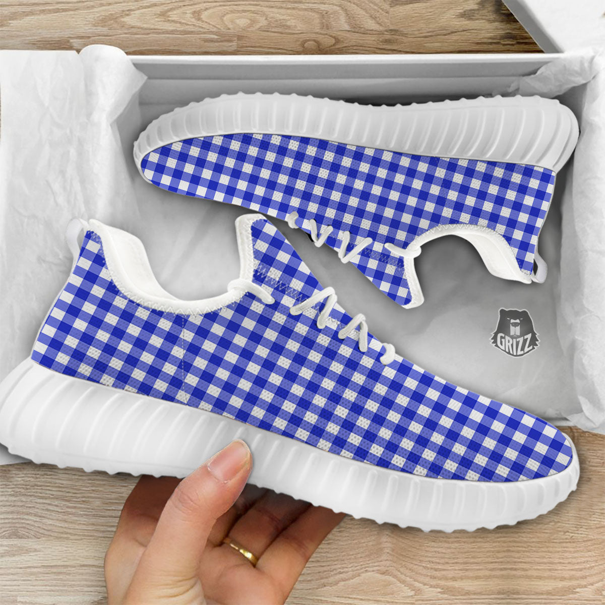 White And Blue Check Print Pattern White Walking Shoes-grizzshop