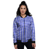 White And Blue Check Print Pattern Women's Bomber Jacket-grizzshop