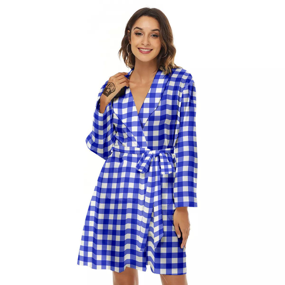 White And Blue Check Print Pattern Women's Robe-grizzshop
