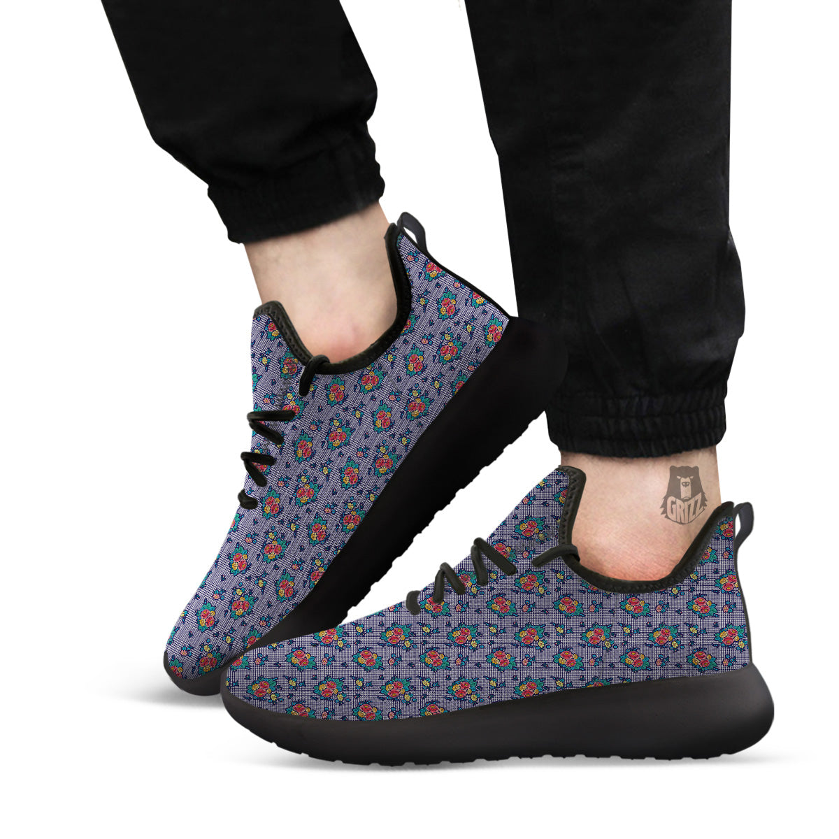 White And Blue Floral Glen Plaid Print Black Athletic Shoes-grizzshop