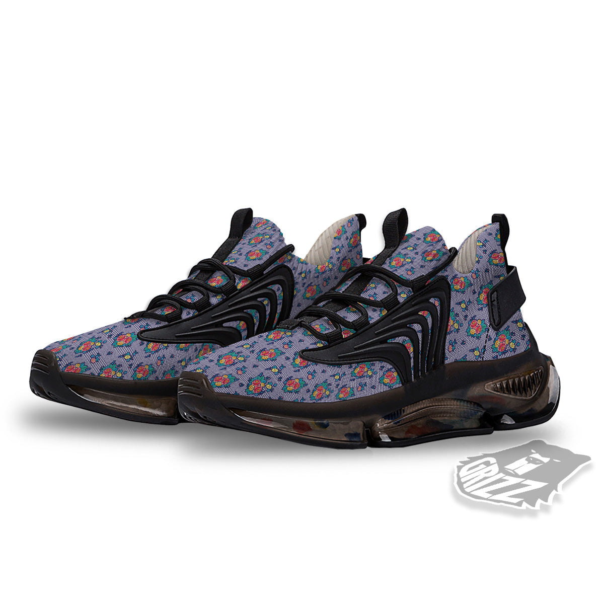 White And Blue Floral Glen Plaid Print Black Gym Shoes-grizzshop