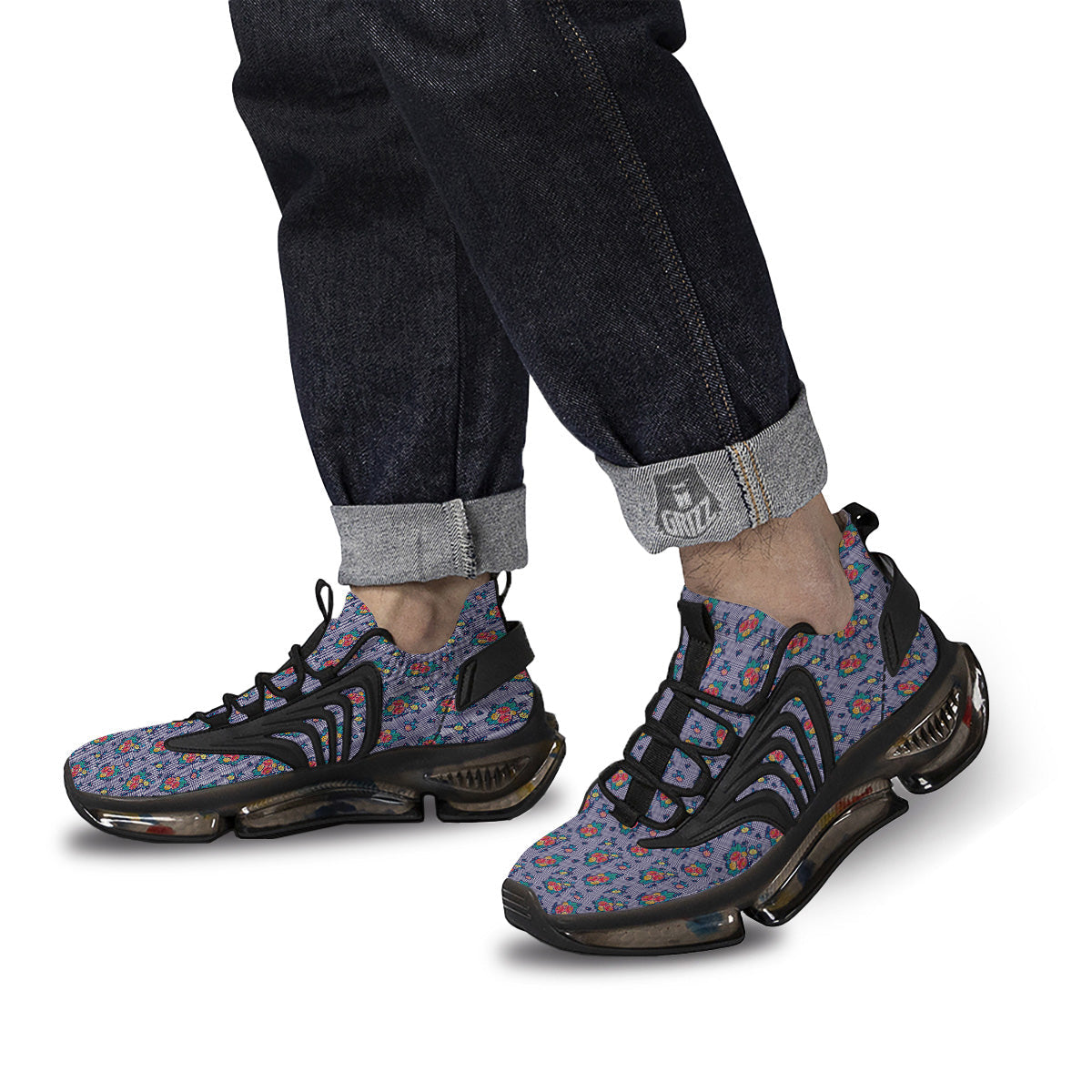 White And Blue Floral Glen Plaid Print Black Gym Shoes-grizzshop