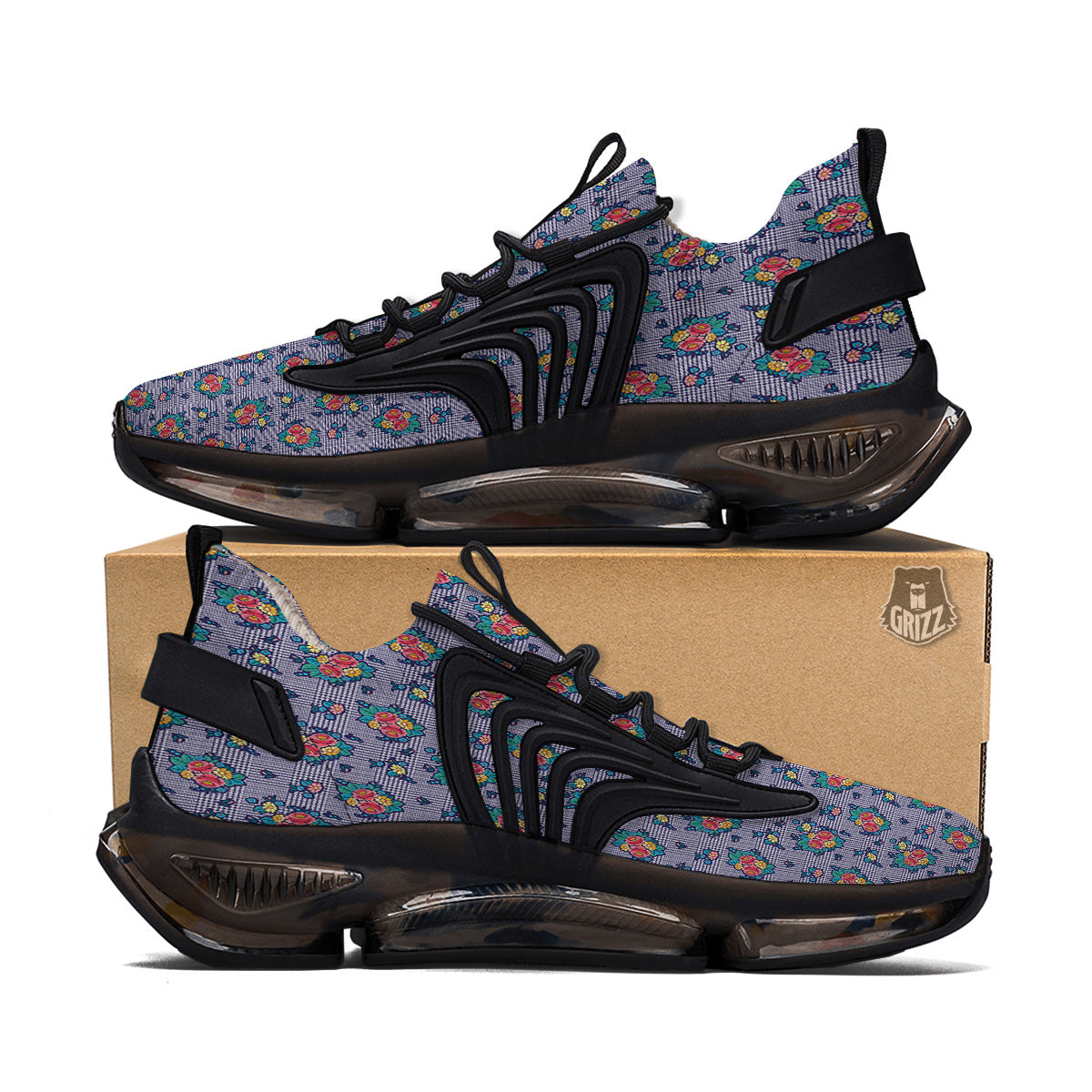 White And Blue Floral Glen Plaid Print Black Gym Shoes-grizzshop