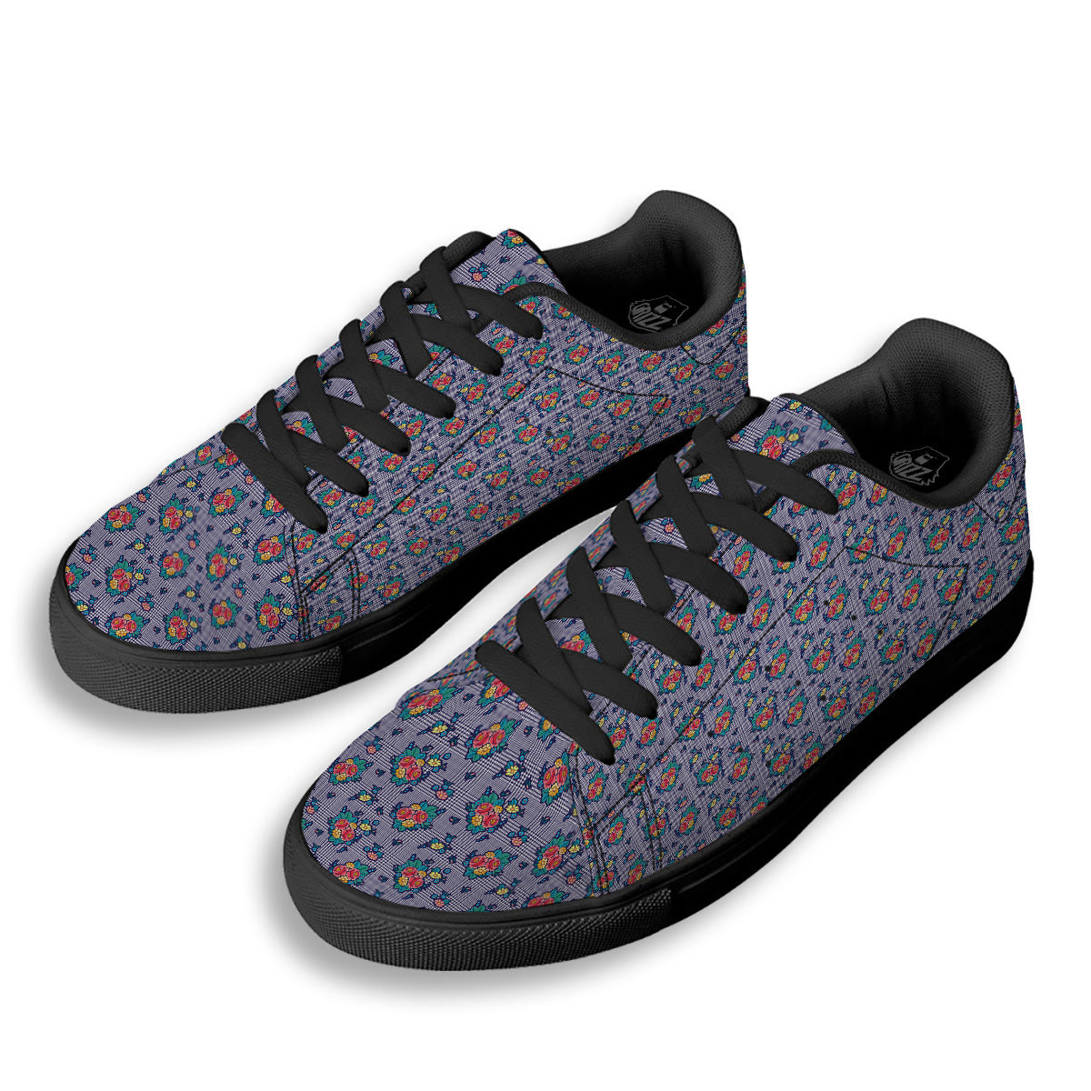 White And Blue Floral Glen Plaid Print Black Low Top Sneakers-grizzshop
