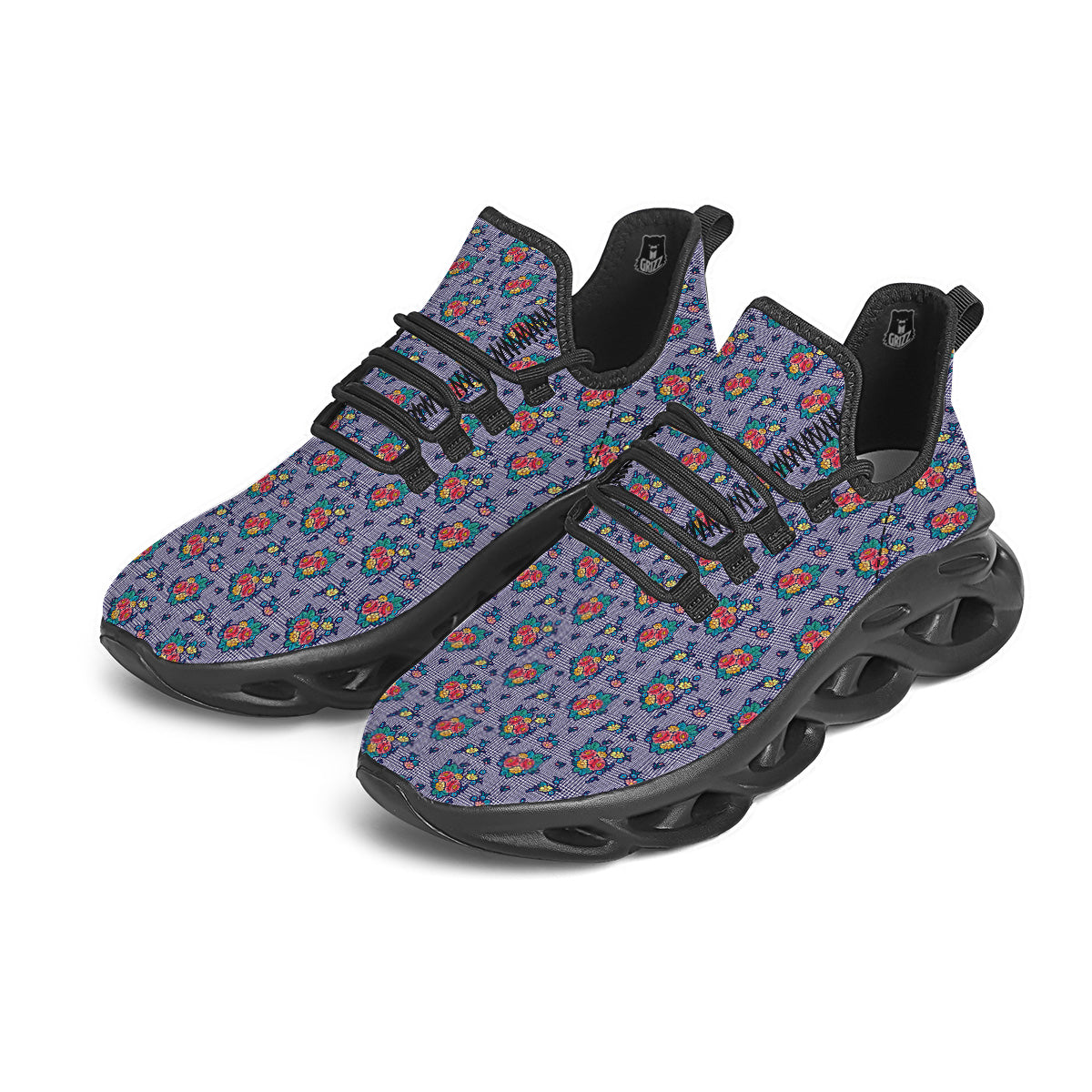 White And Blue Floral Glen Plaid Print Black Running Shoes-grizzshop
