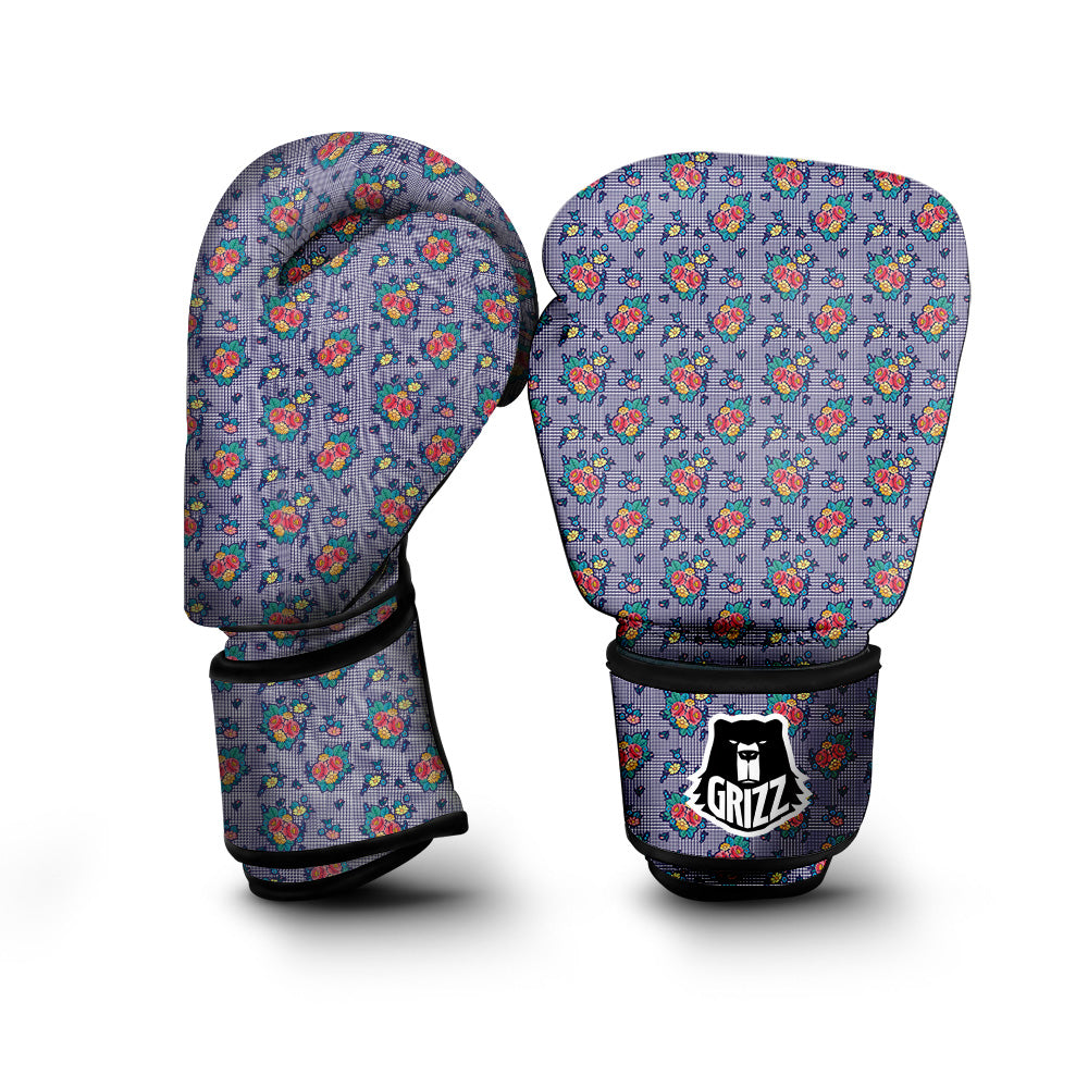 White And Blue Floral Glen Plaid Print Boxing Gloves-grizzshop