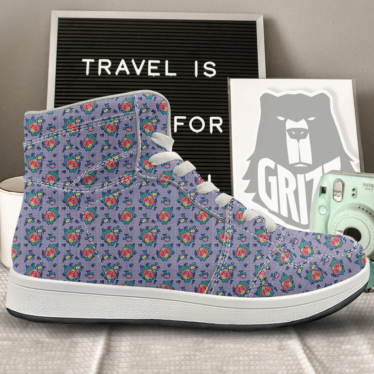 White And Blue Floral Glen Plaid Print High Top Sneakers-grizzshop