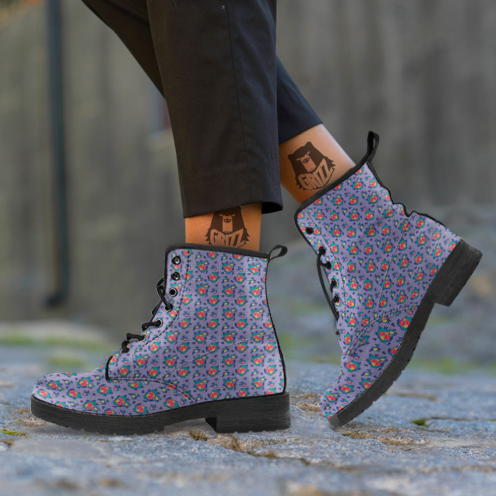 White And Blue Floral Glen Plaid Print Leather Boots-grizzshop