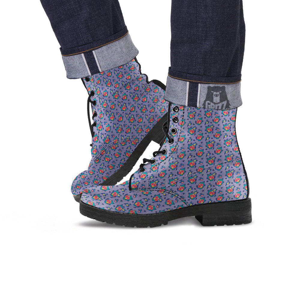 White And Blue Floral Glen Plaid Print Leather Boots-grizzshop