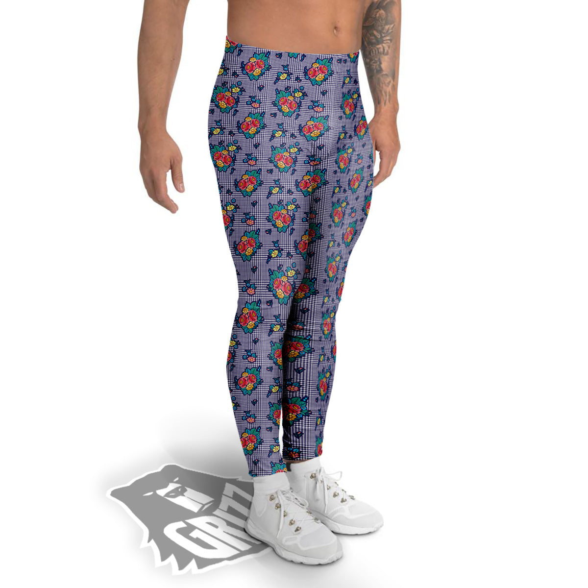 White And Blue Floral Glen Plaid Print Men's Leggings-grizzshop