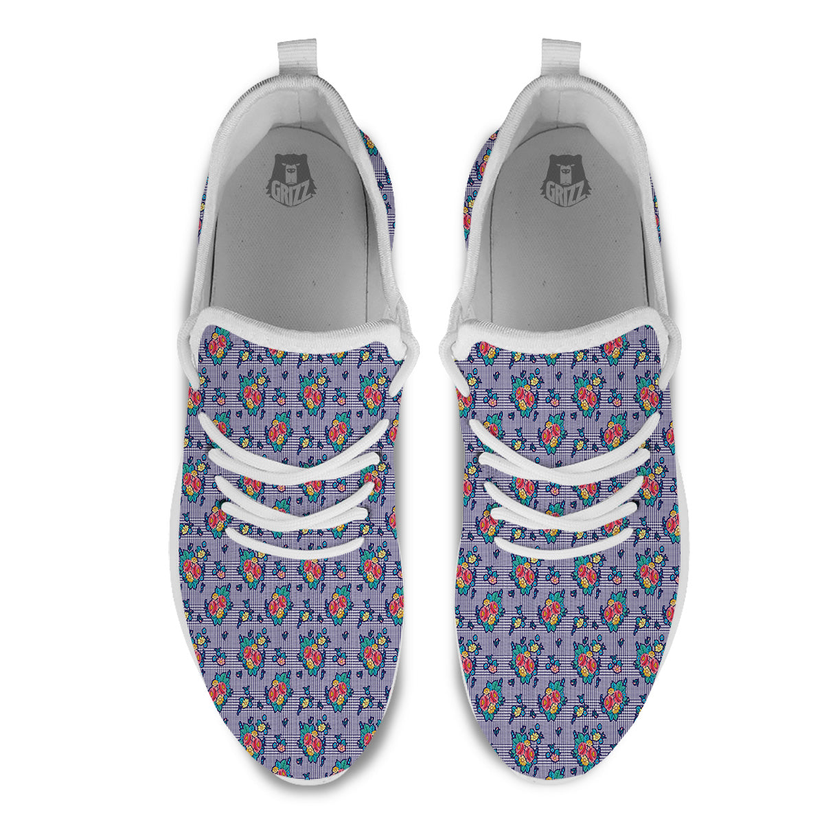 White And Blue Floral Glen Plaid Print White Athletic Shoes-grizzshop