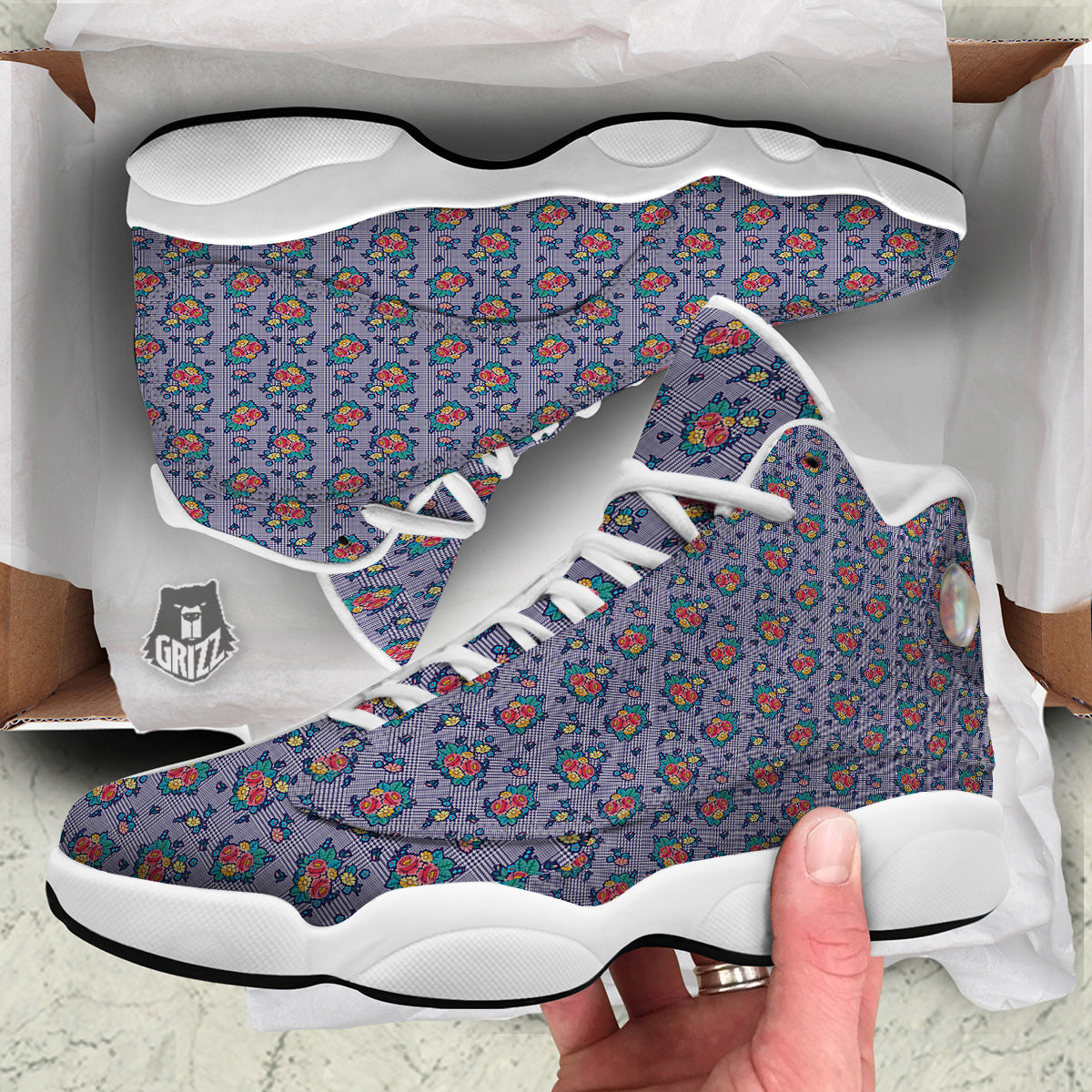 White And Blue Floral Glen Plaid Print White Basketball Shoes-grizzshop
