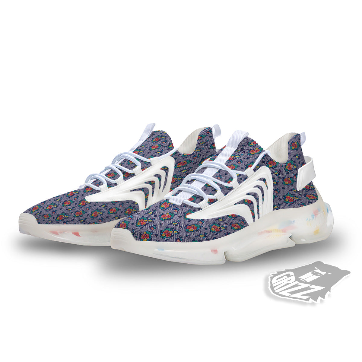 White And Blue Floral Glen Plaid Print White Gym Shoes-grizzshop