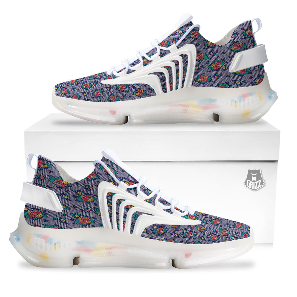 White And Blue Floral Glen Plaid Print White Gym Shoes-grizzshop