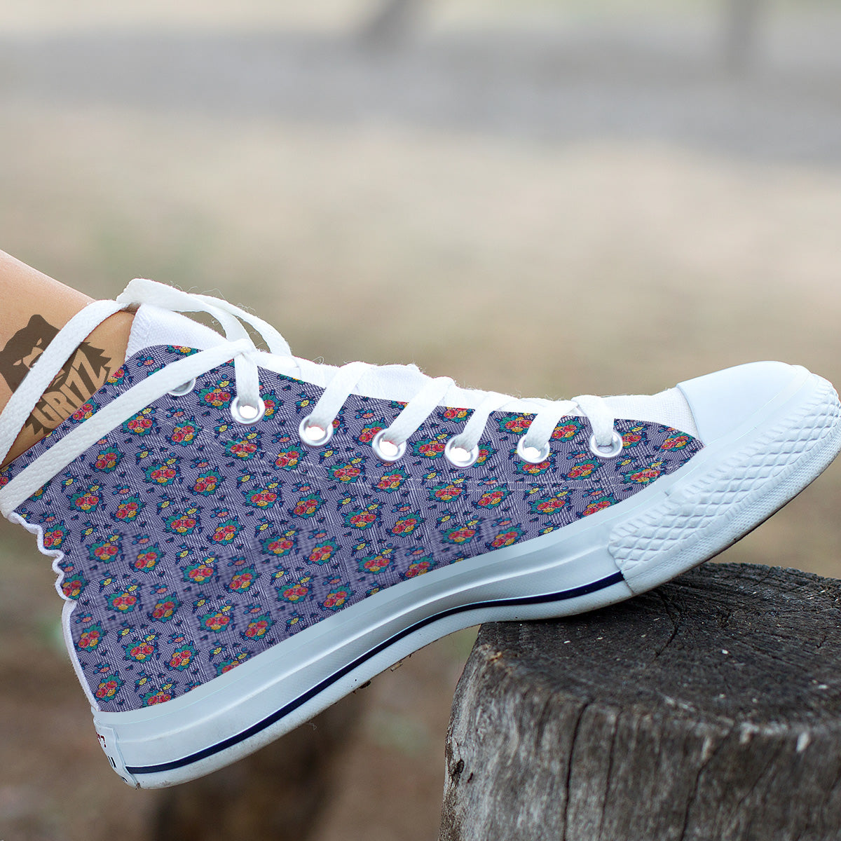 White And Blue Floral Glen Plaid Print White High Top Shoes-grizzshop