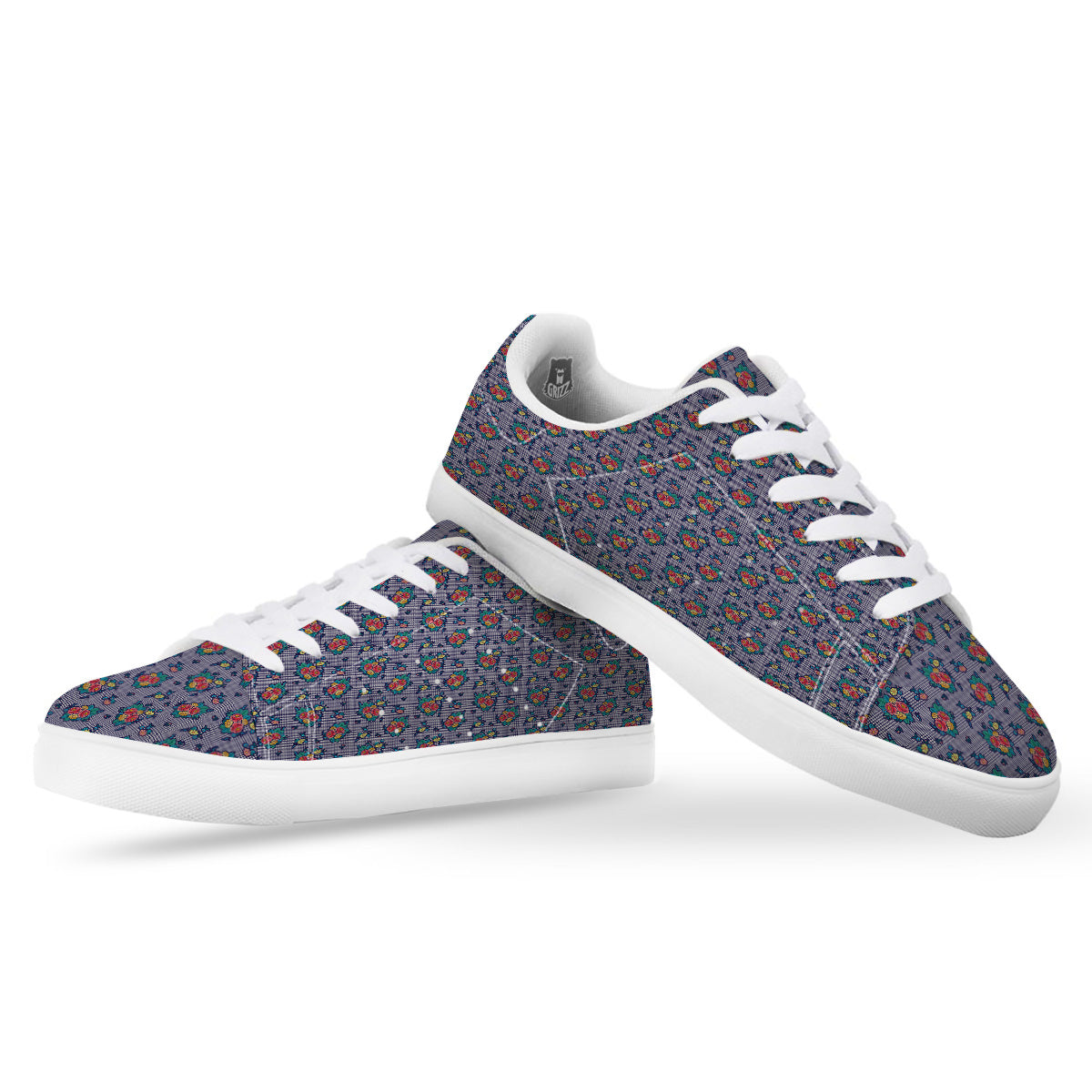 White And Blue Floral Glen Plaid Print White Low Top Sneakers-grizzshop