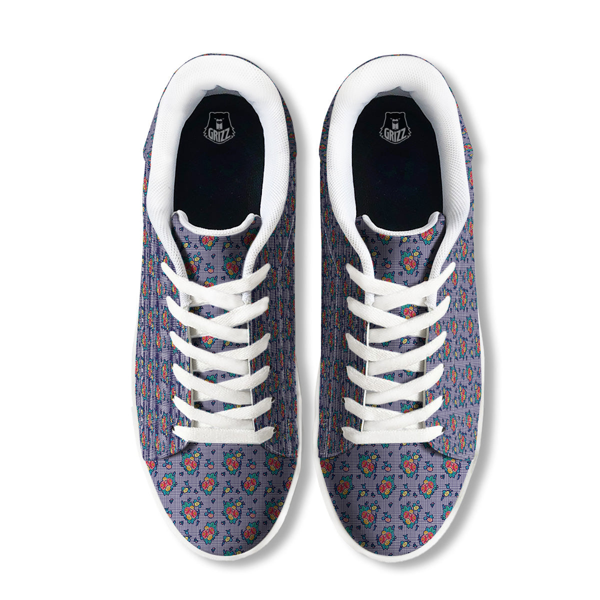 White And Blue Floral Glen Plaid Print White Low Top Sneakers-grizzshop