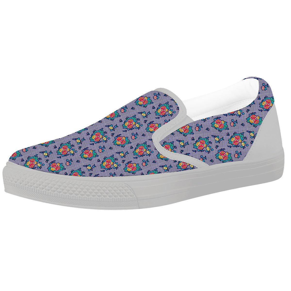 White And Blue Floral Glen Plaid Print White Slip On Shoes-grizzshop