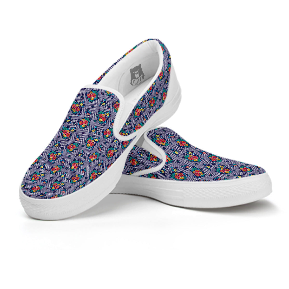 White And Blue Floral Glen Plaid Print White Slip On Shoes-grizzshop