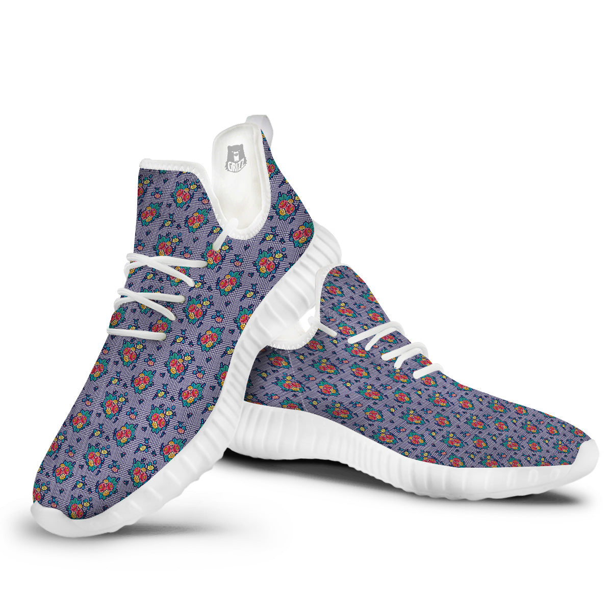 White And Blue Floral Glen Plaid Print White Walking Shoes-grizzshop