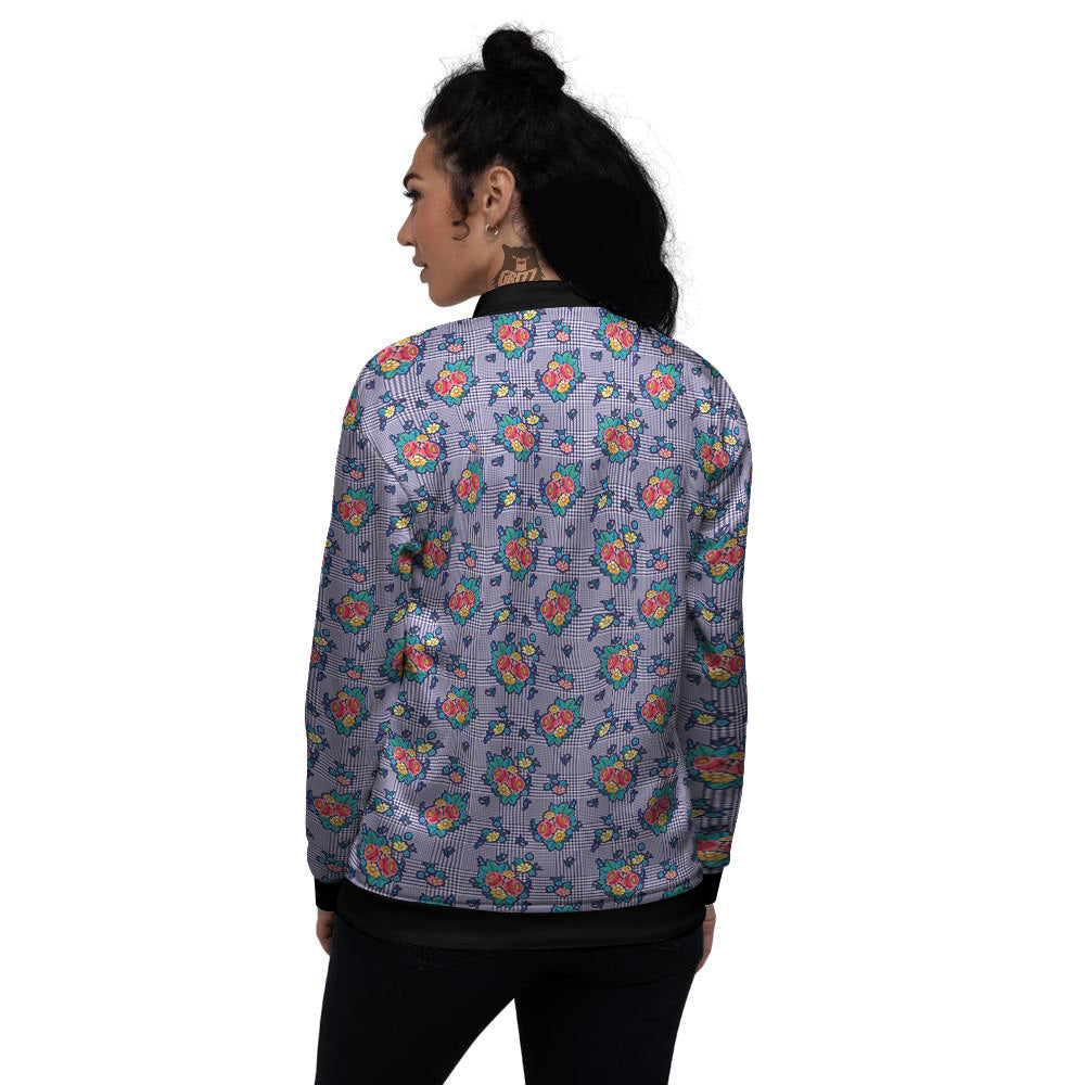 White And Blue Floral Glen Plaid Print Women's Bomber Jacket-grizzshop