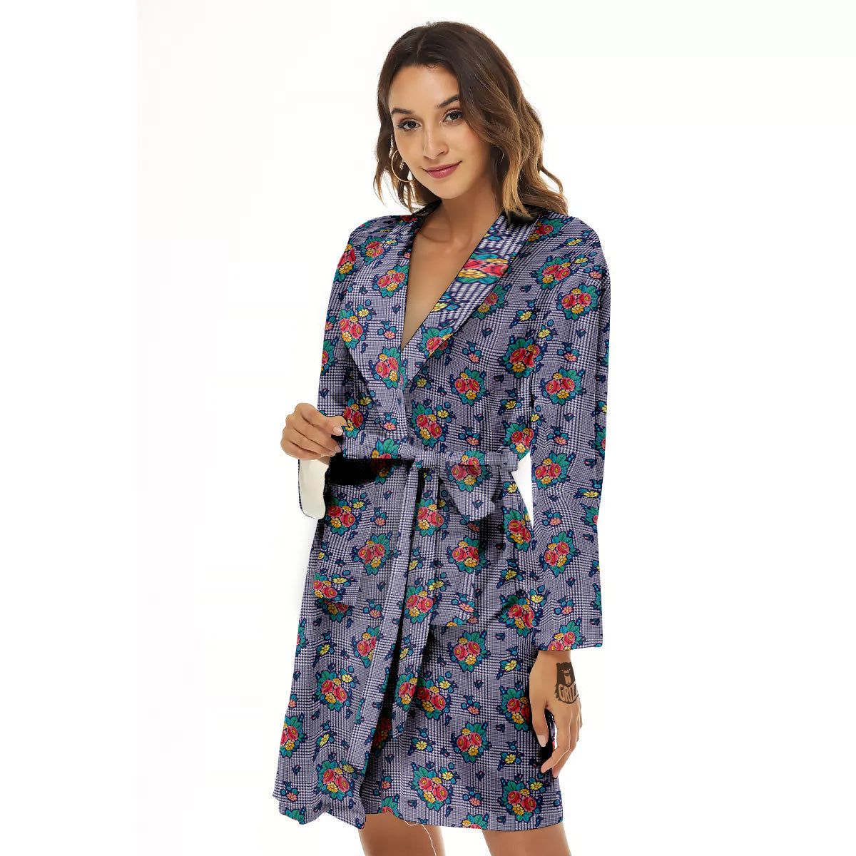 White And Blue Floral Glen Plaid Print Women's Robe-grizzshop