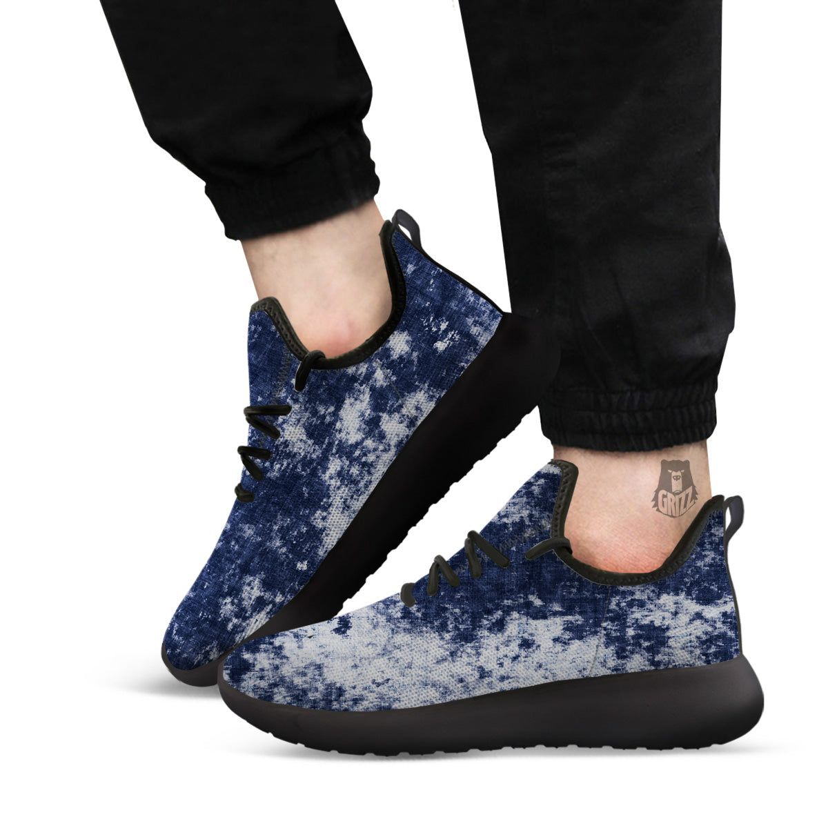 White And Blue Tie Dye Acid Wash Print Black Athletic Shoes-grizzshop
