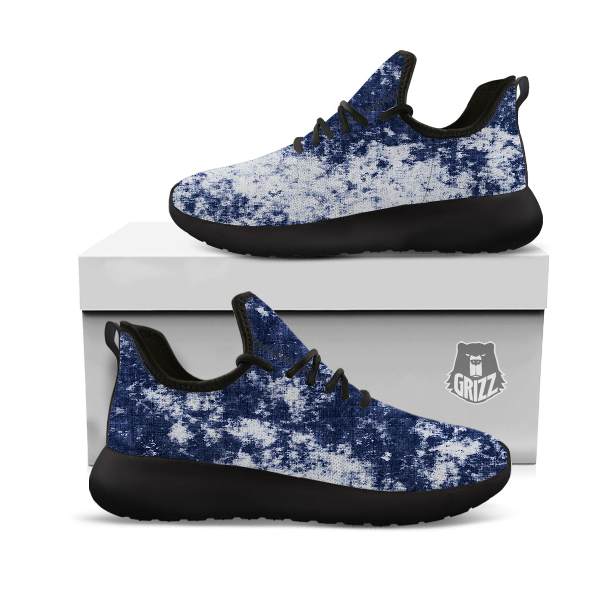 White And Blue Tie Dye Acid Wash Print Black Athletic Shoes-grizzshop