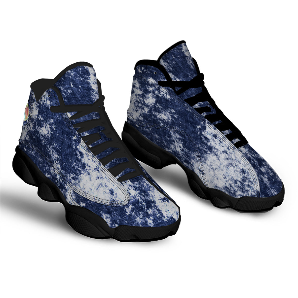 White And Blue Tie Dye Acid Wash Print Black Basketball Shoes-grizzshop