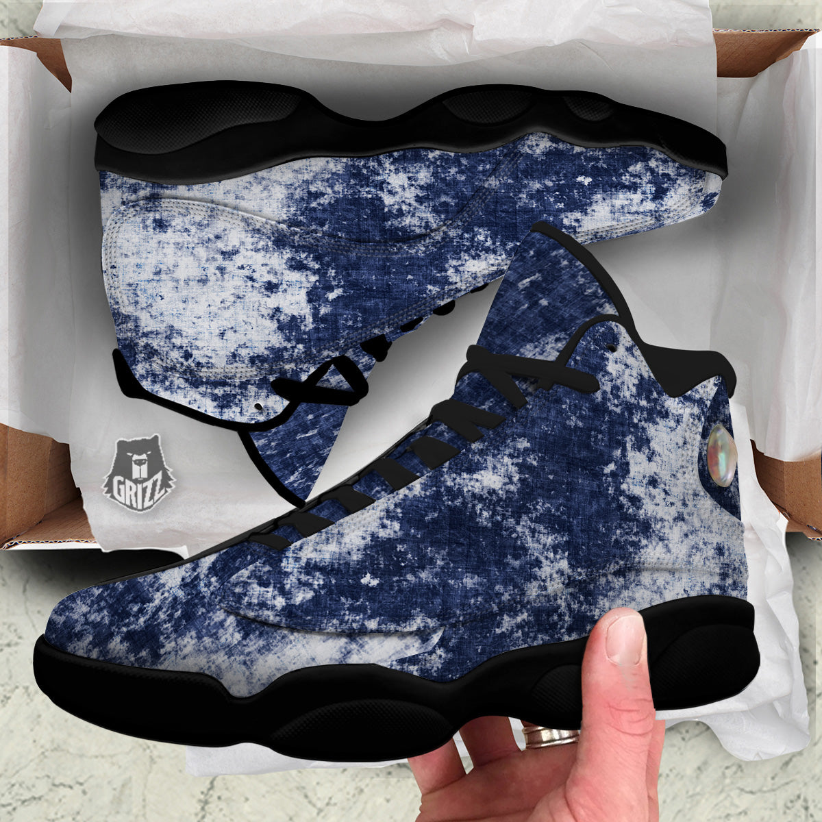 White And Blue Tie Dye Acid Wash Print Black Basketball Shoes-grizzshop