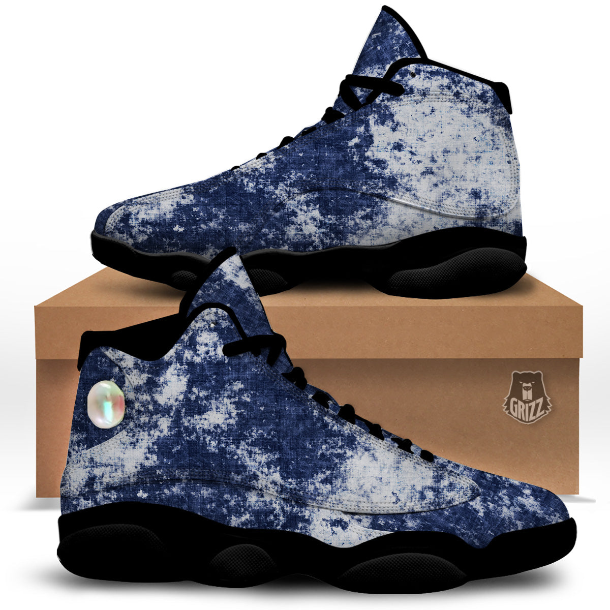 White And Blue Tie Dye Acid Wash Print Black Basketball Shoes-grizzshop