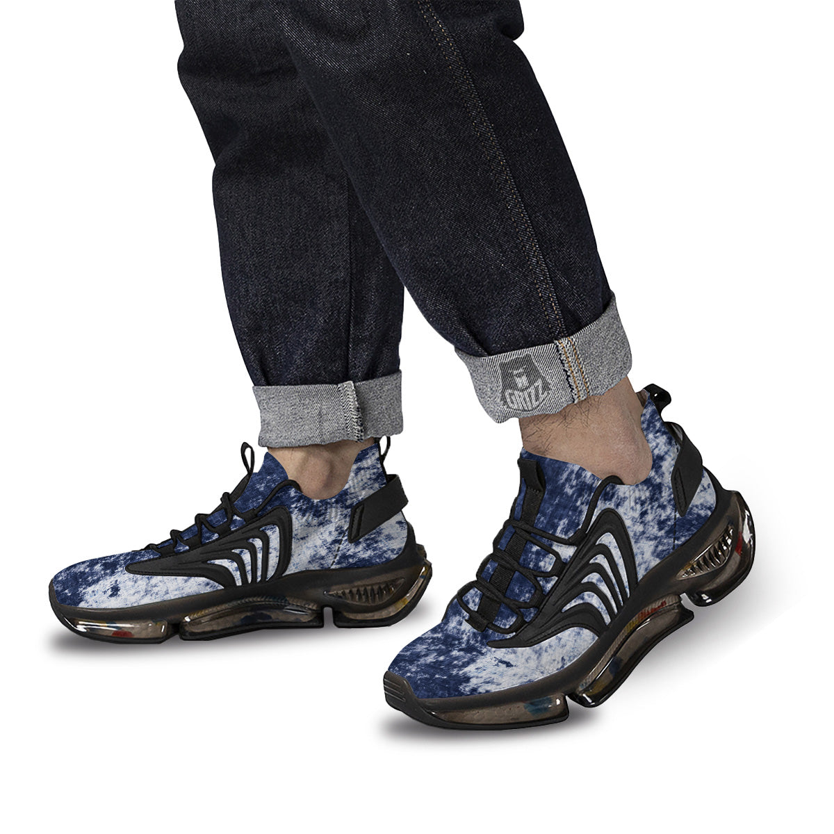 White And Blue Tie Dye Acid Wash Print Black Gym Shoes-grizzshop