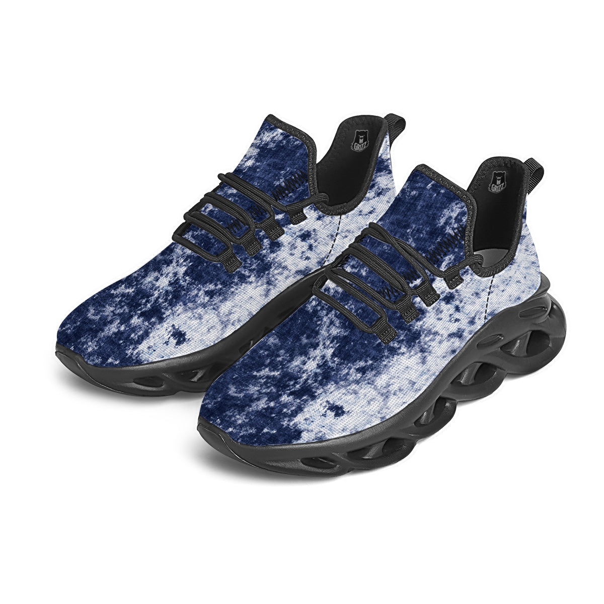 White And Blue Tie Dye Acid Wash Print Black Running Shoes-grizzshop