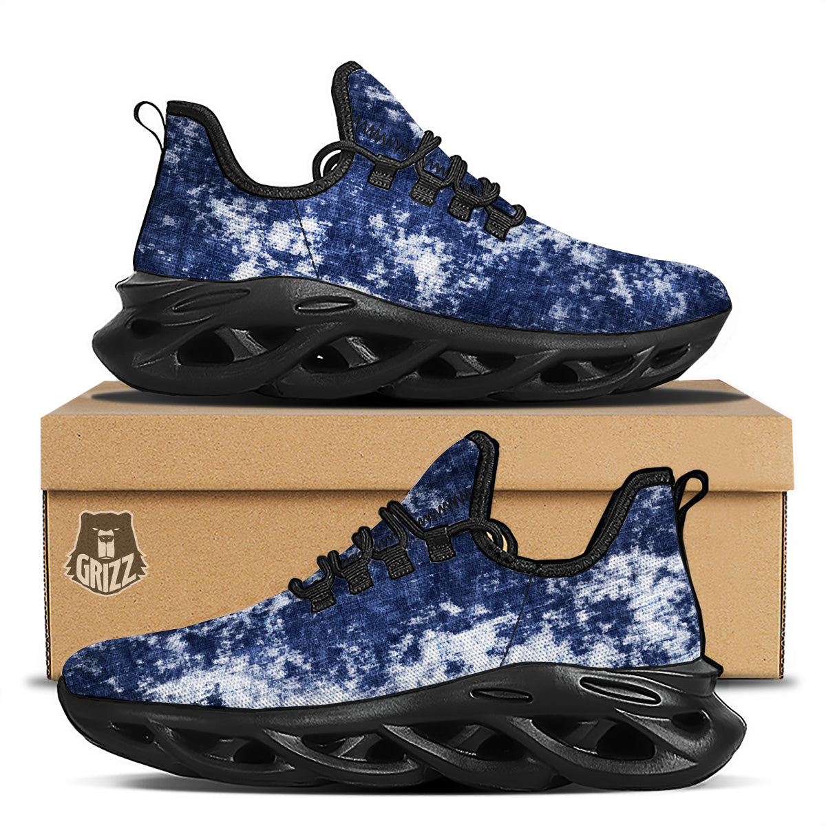 White And Blue Tie Dye Acid Wash Print Black Running Shoes-grizzshop