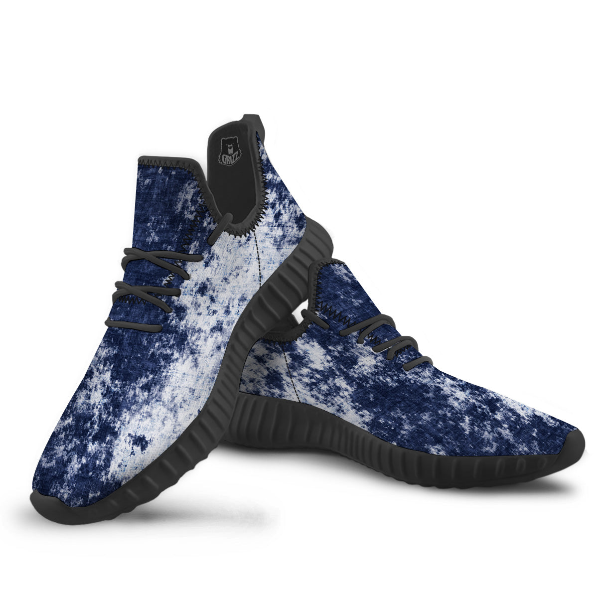 White And Blue Tie Dye Acid Wash Print Black Walking Shoes-grizzshop