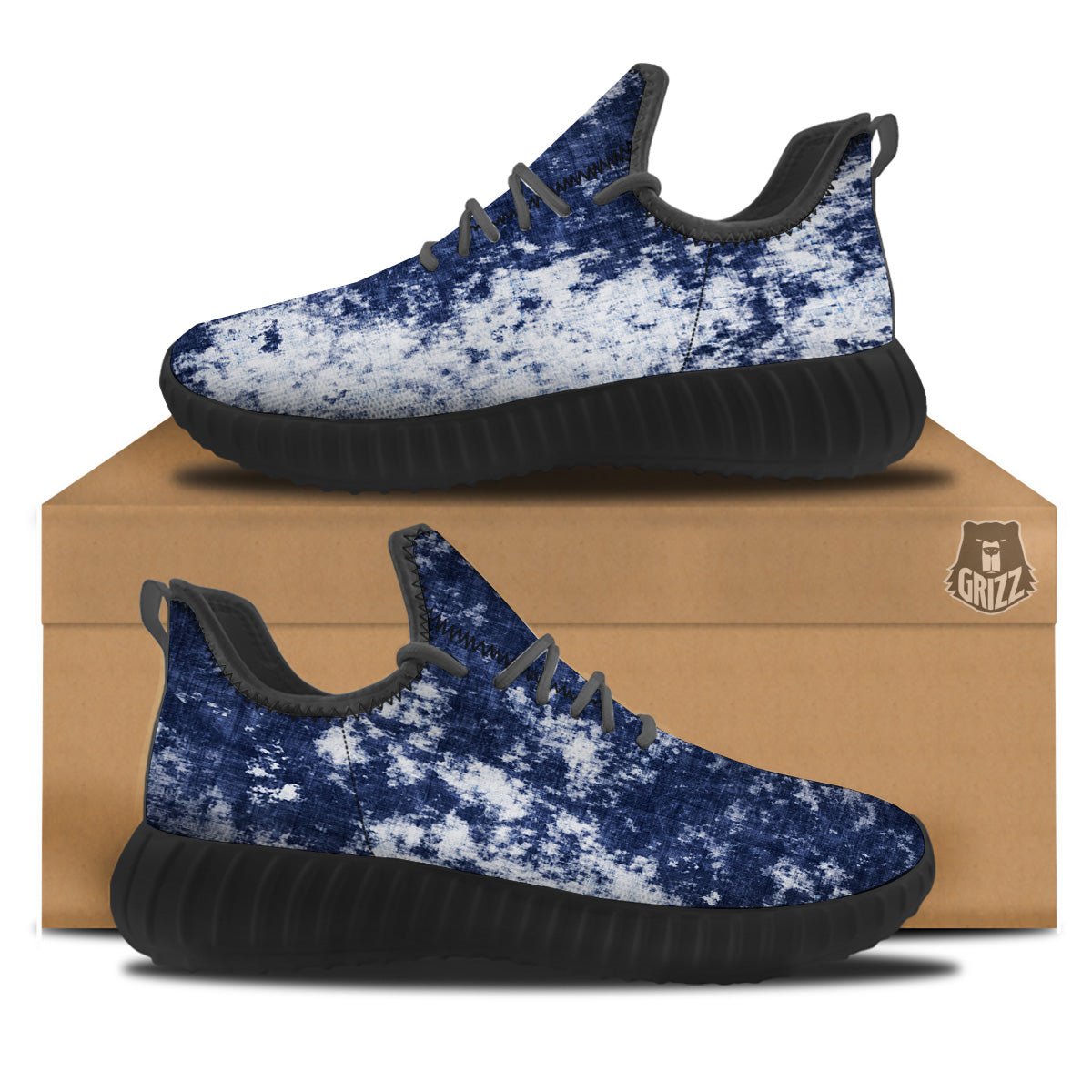 White And Blue Tie Dye Acid Wash Print Black Walking Shoes-grizzshop