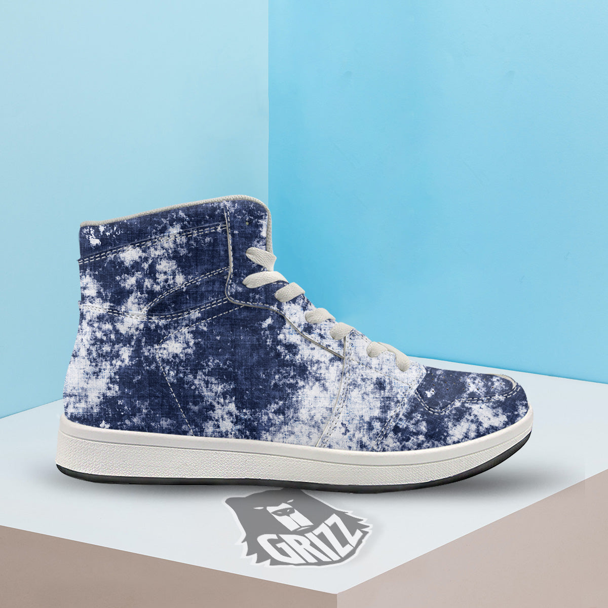 White And Blue Tie Dye Acid Wash Print High Top Sneakers-grizzshop