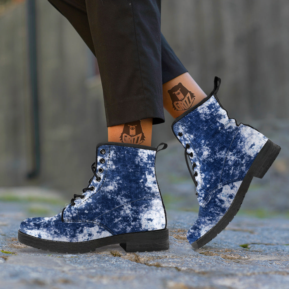 White And Blue Tie Dye Acid Wash Print Leather Boots-grizzshop