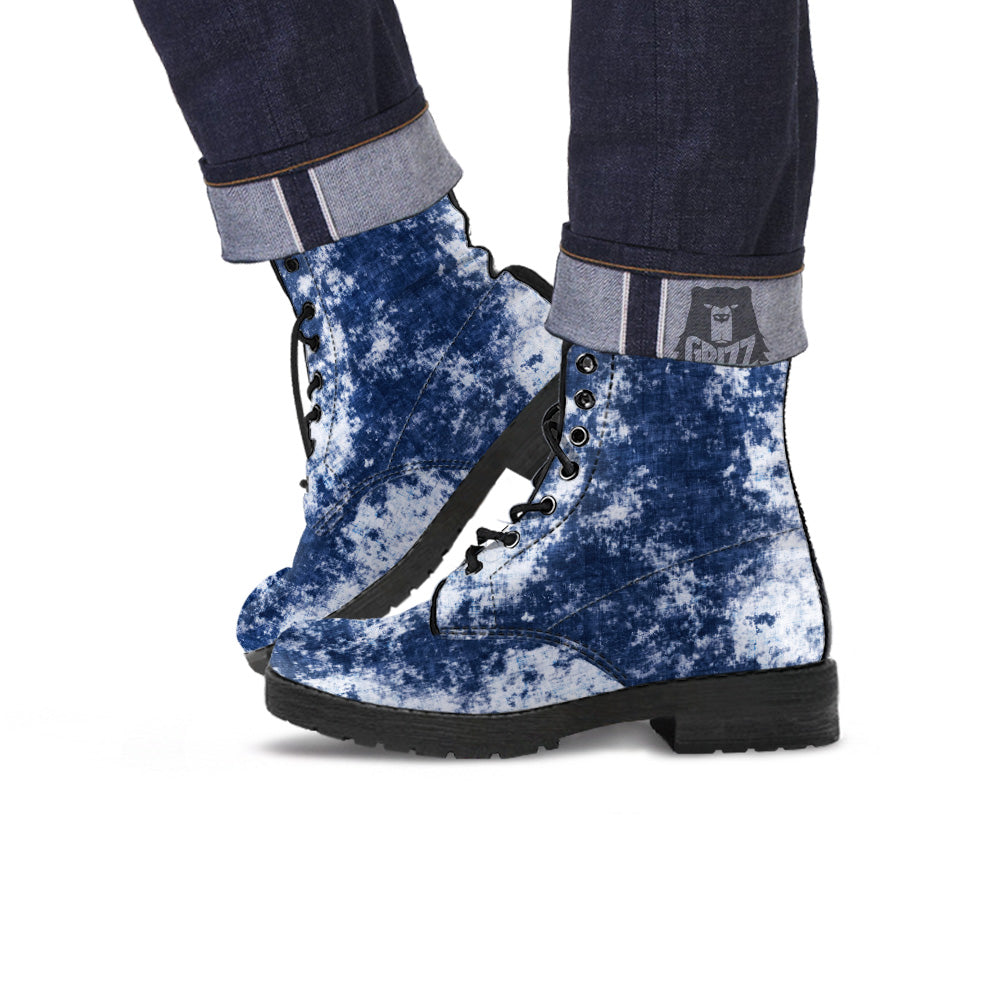 White And Blue Tie Dye Acid Wash Print Leather Boots-grizzshop