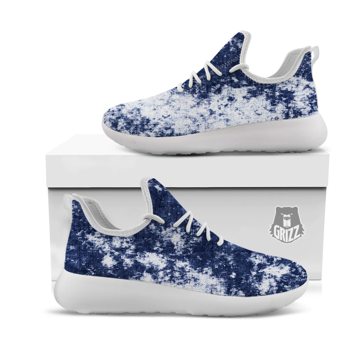 White And Blue Tie Dye Acid Wash Print White Athletic Shoes-grizzshop