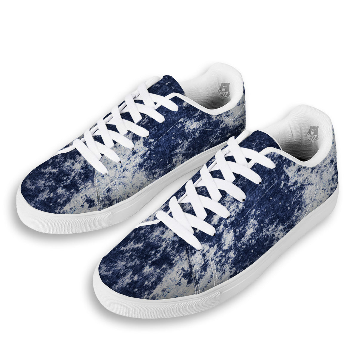 White And Blue Tie Dye Acid Wash Print White Low Top Sneakers-grizzshop
