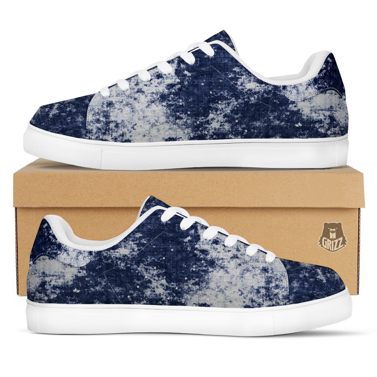 White And Blue Tie Dye Acid Wash Print White Low Top Sneakers-grizzshop