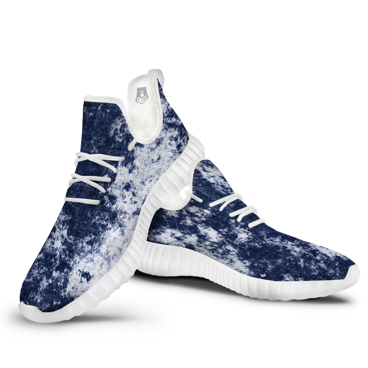 White And Blue Tie Dye Acid Wash Print White Walking Shoes-grizzshop