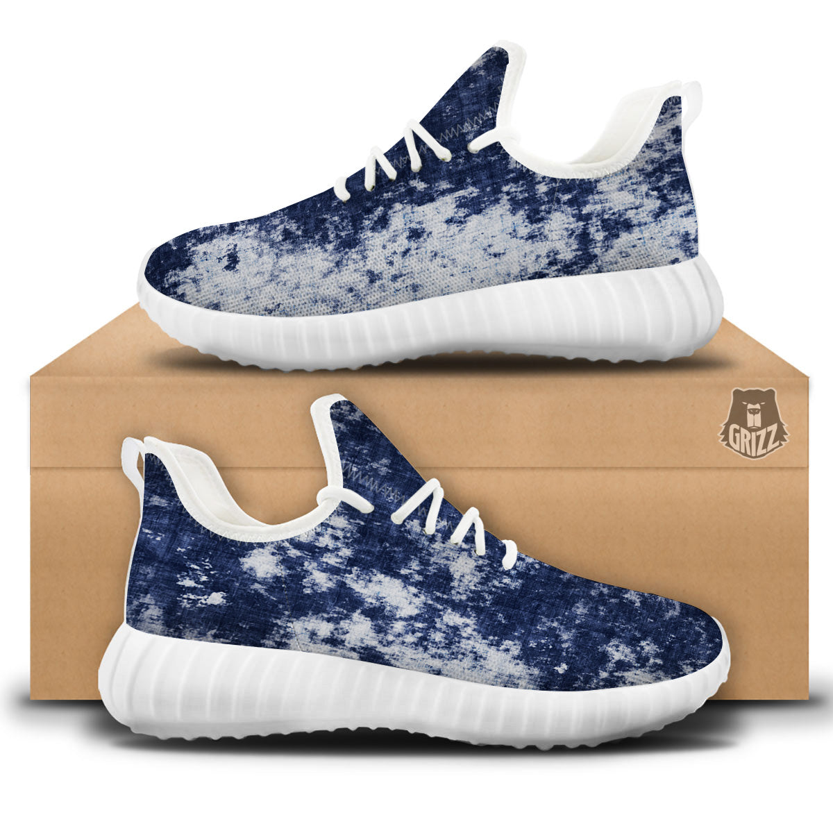 White And Blue Tie Dye Acid Wash Print White Walking Shoes-grizzshop