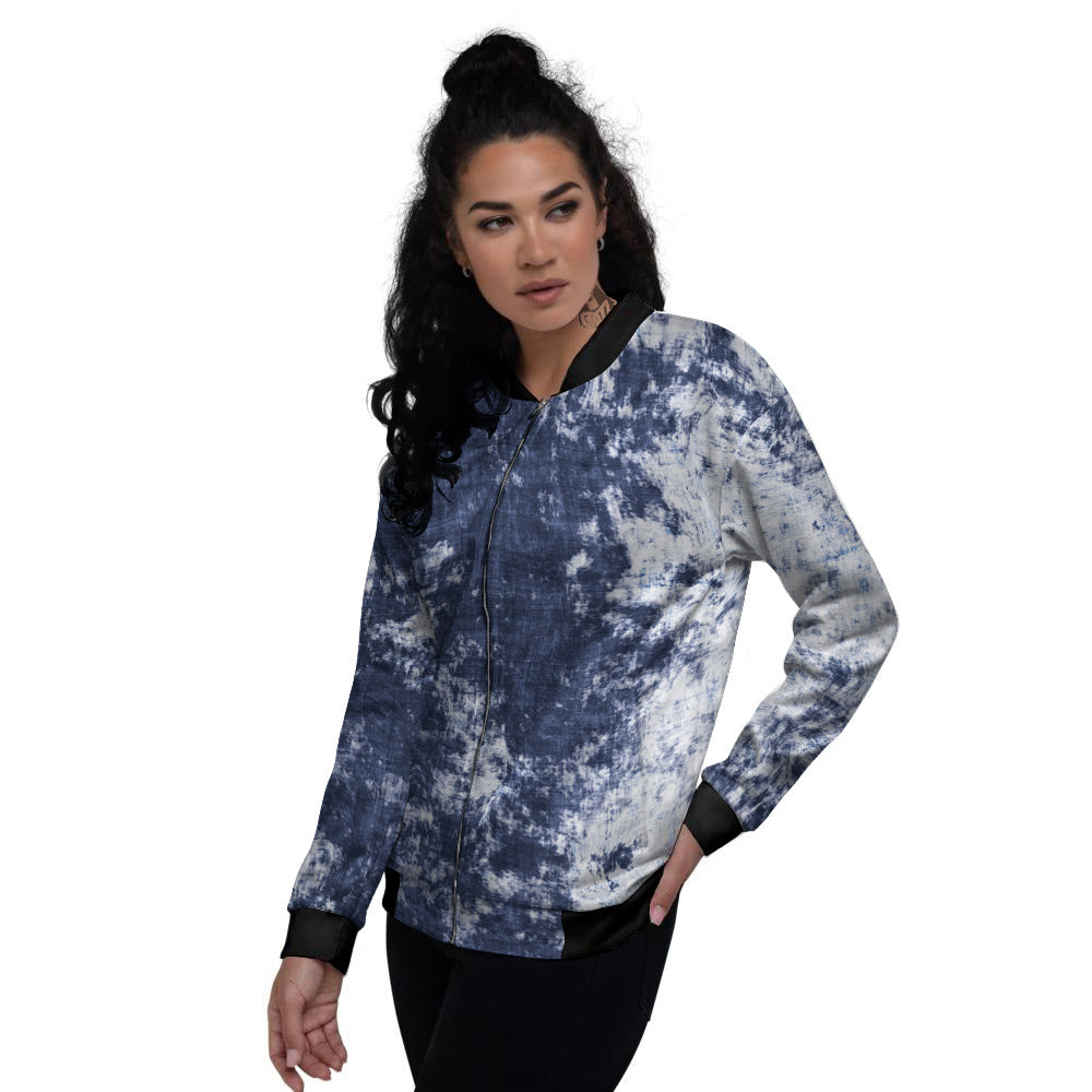 White And Blue Tie Dye Acid Wash Print Women's Bomber Jacket-grizzshop