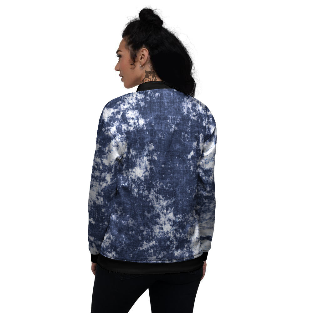 White And Blue Tie Dye Acid Wash Print Women's Bomber Jacket-grizzshop