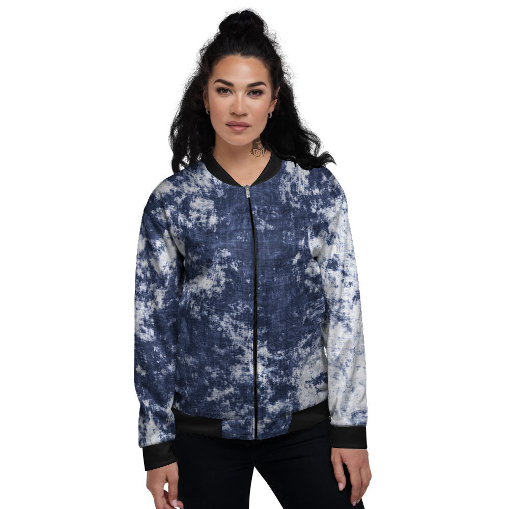 White And Blue Tie Dye Acid Wash Print Women's Bomber Jacket-grizzshop