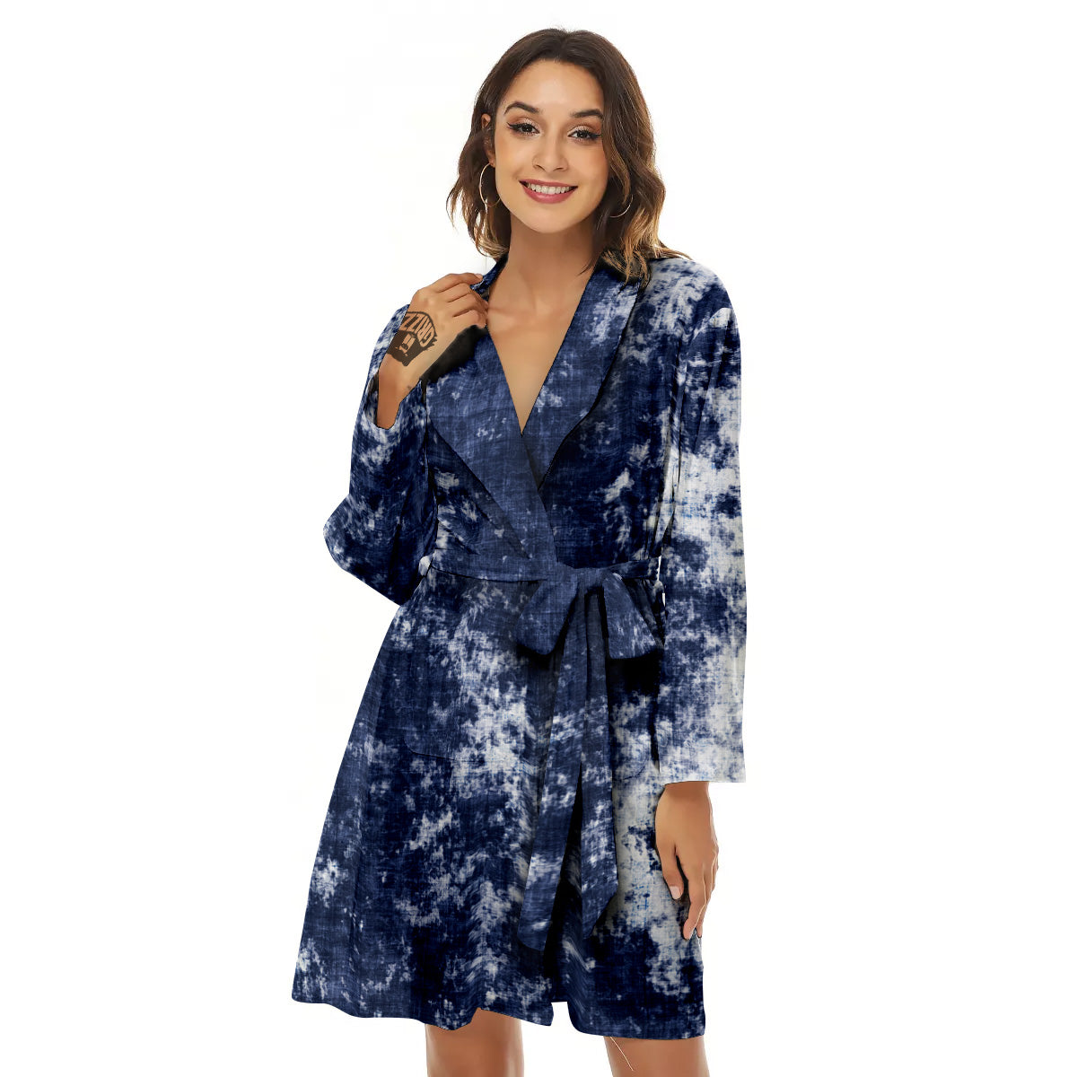 White And Blue Tie Dye Acid Wash Print Women's Robe-grizzshop